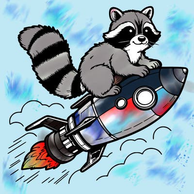 realistic raccoon flying on top rocket ship