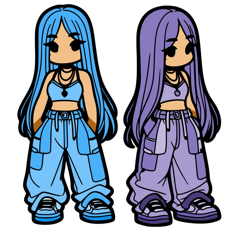 girl in baggy pants crop top and long hair