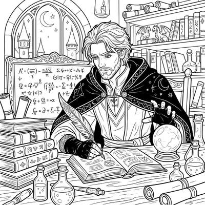 Get ready for a magical academic year with this incredible coloring page featuring a warlock's back-to-school preparations. Discover ancient spellbooks, bubbling potions, and mystical tools in his enchanted study.