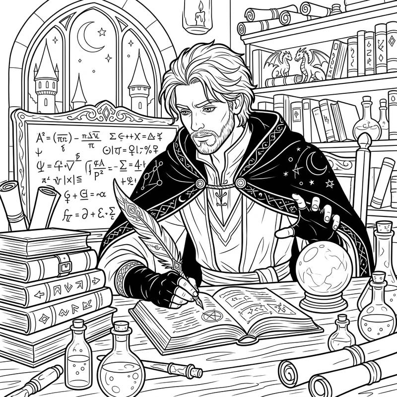 Get ready for a magical academic year with this incredible coloring page featuring a warlock's back-to-school preparations. Discover ancient spellbooks, bubbling potions, and mystical tools in his enchanted study.