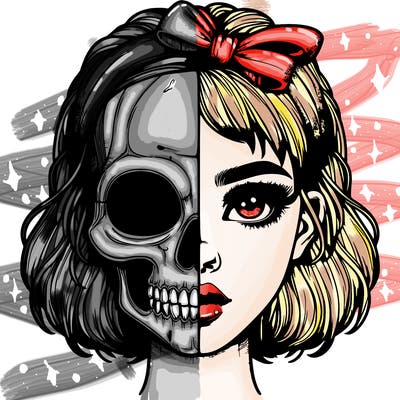 realistic girl with half skull mask