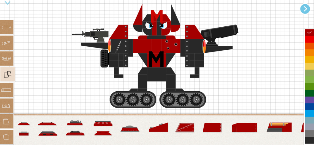 Una pantalla de construcción digital que muestra un tanque robot personalizado rojo y negro con cuernos y pistolas siendo diseñado en una interfaz de espacio creativo.