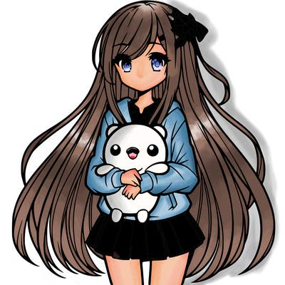 a girl with long hair holding a plushie also anime styled