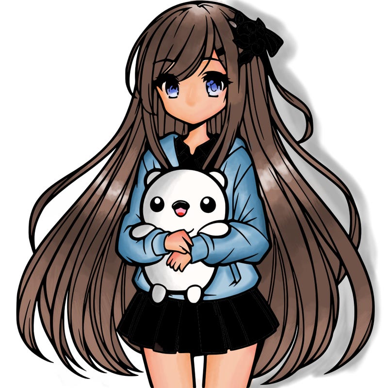 a girl with long hair holding a plushie also anime styled