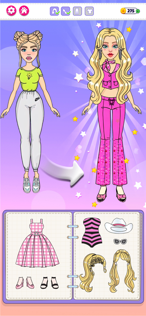 DIY Sweet Paper Doll: Dress Up - Una transformación de personaje en DIY Sweet Paper Doll que muestra un look casual actualizado a un elegante atuendo western rosa con una selección de diario de moda debajo.