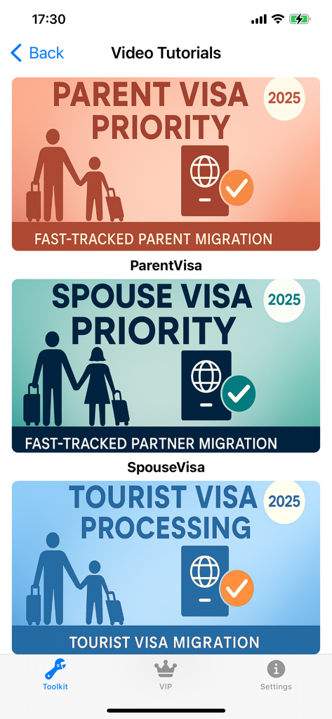 Aussie Visa Mate app screen showing video tutorials for parent, spouse and tourist visa applications.