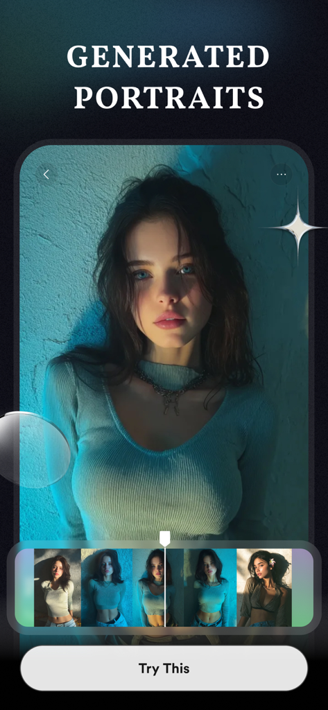MotionPic AI - MotionPic AI app interface showing a high-quality AI generated portrait of a woman with a selection of other styles