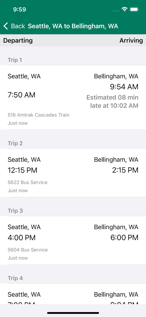 WSDOT - Pantalla de la aplicación WSDOT que muestra los horarios de trenes y autobuses de Amtrak Cascades entre Seattle y Bellingham.