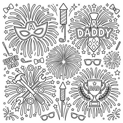 Get ready to light up Dad's day with this spectacular Father's Day coloring page! Featuring dynamic fireworks bursts filled with iconic dad symbols like tools, ties, and trophies, it's a perfect tribute for your superhero.
