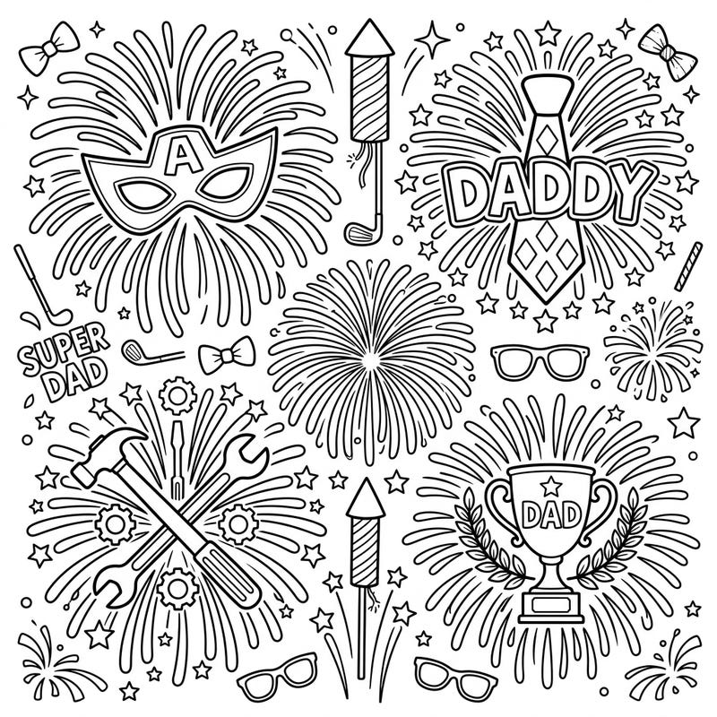 Get ready to light up Dad's day with this spectacular Father's Day coloring page! Featuring dynamic fireworks bursts filled with iconic dad symbols like tools, ties, and trophies, it's a perfect tribute for your superhero.
