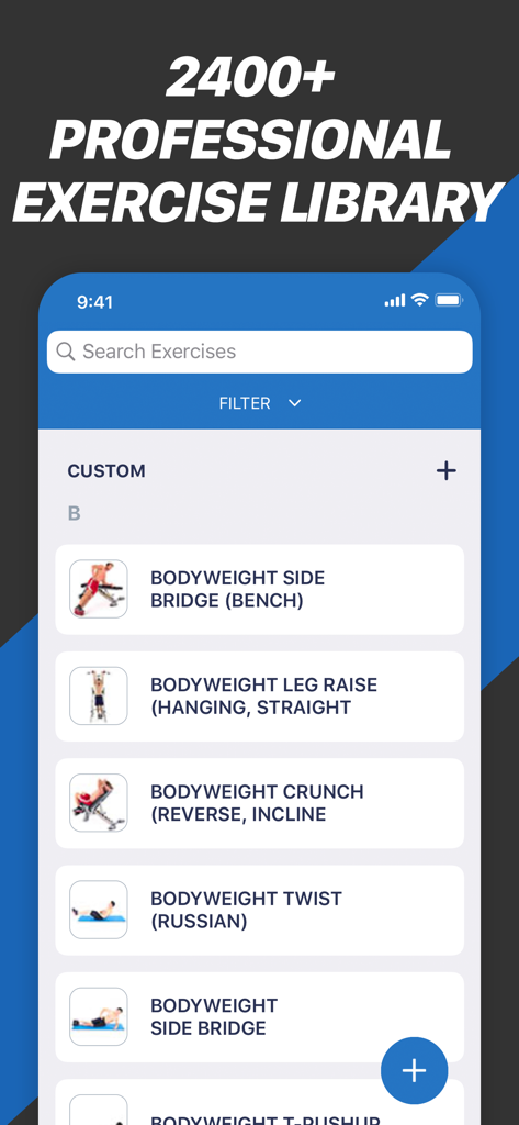 Fitness Buddy workout trainer app showing a library of professional exercises