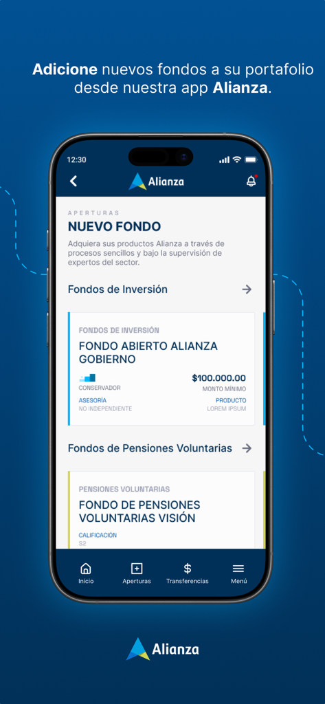 Alianza Móvil - Interfaz de la aplicación Alianza Movil para abrir nuevos fondos de inversión y pensiones voluntarias