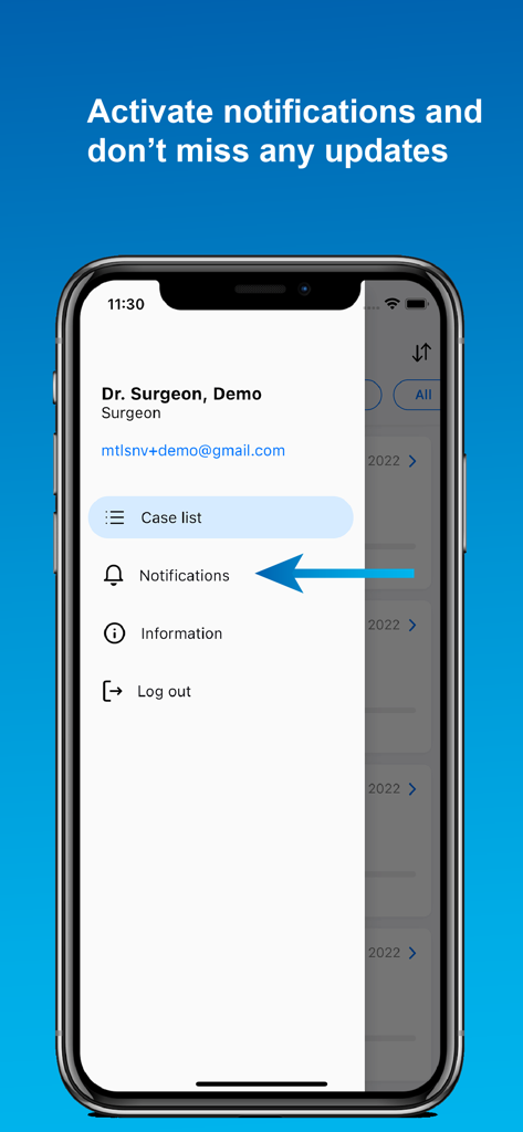 Mimics Flow - Menu do aplicativo móvel Mimics Flow mostrando as configurações de notificação para atualizações de casos médicos