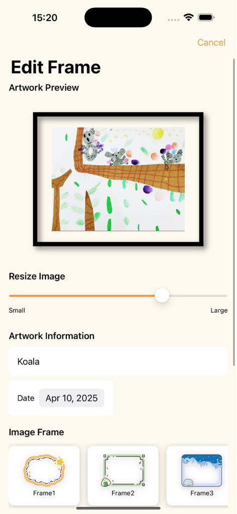 PaintyFrame - photo frame - Editing interface of PaintyFrame app showing a framed child drawing of koalas with resizing and frame selection options.