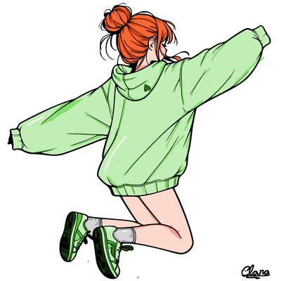 realistic girl jumping with a bun and oversized sweatshirt