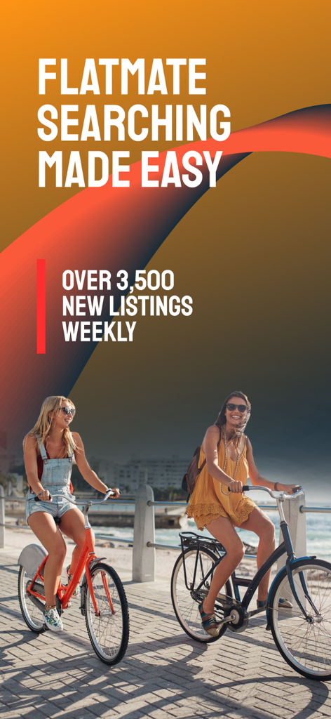 Flatmate Finders - Two young women riding bicycles on a sunny coastal path with text about easy roommate searching