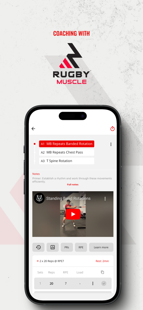 Rugby Muscle Training App - Rugby Muscle Training App workout interface showing exercise demo videos and performance tracking tools