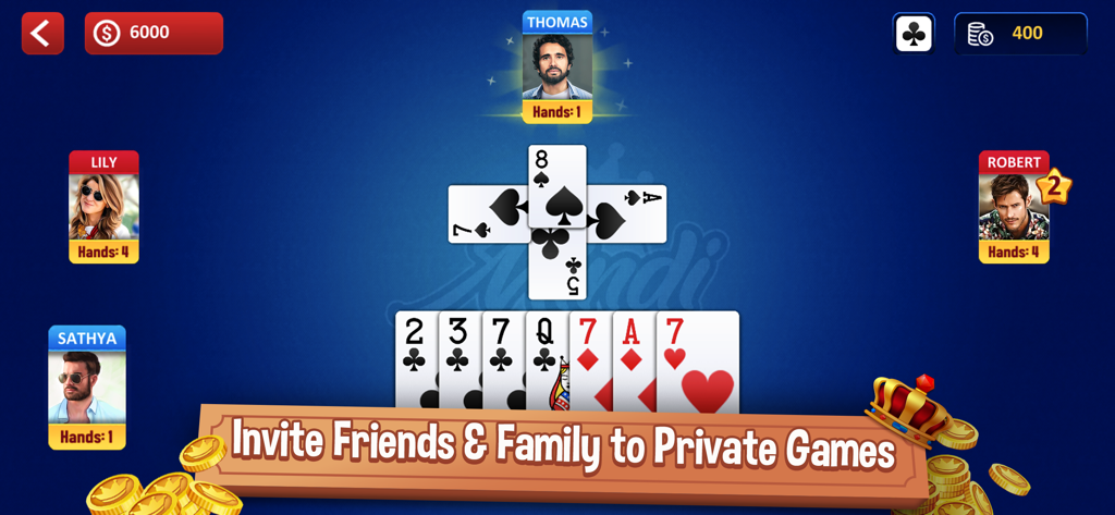 Captura de pantalla del juego de cartas Mindi Casino mostrando a cuatro jugadores en una mesa digital con una indicación para invitar amigos y familiares a partidas privadas