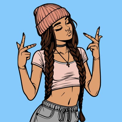 realistic teenage girl with braids and a beanie and crop top doing 🫶🏼