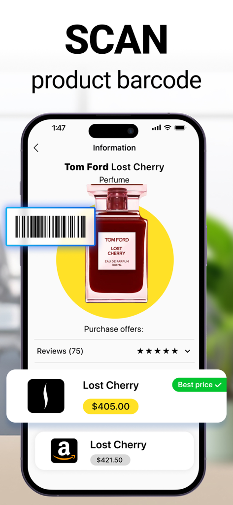 Photo to PDF Convert Scanner + - Interfaz de smartphone mostrando la función de escaneo de códigos de barras de productos para comparar precios entre diferentes minoristas.