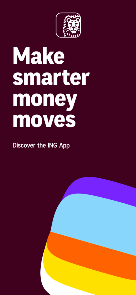 Pantalla de inicio de la aplicación ING Países Bajos con el lema 'Haz movimientos de dinero más inteligentes' y el logo del león