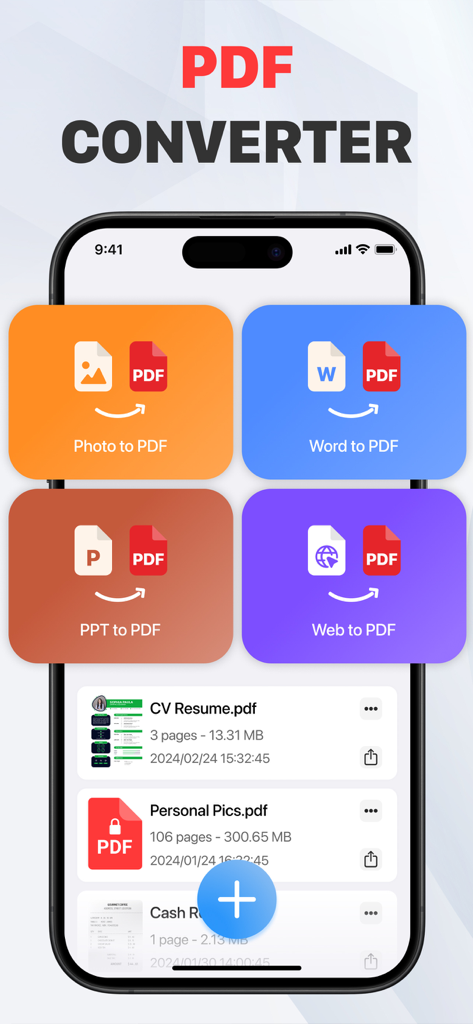 PDF Converter Image to PDF - Tela do aplicativo conversor de PDF mostrando opções para converter fotos, documentos do Word, arquivos do PowerPoint e páginas da web em PDF
