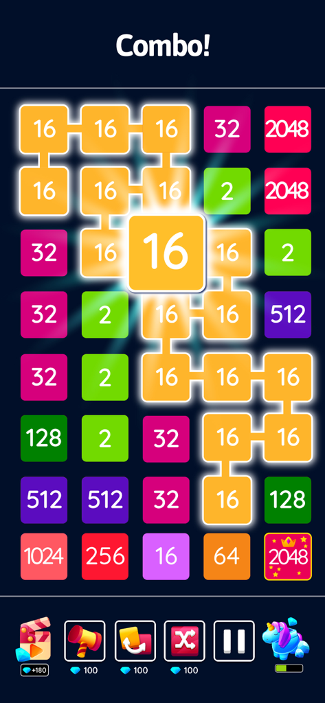 Una captura de pantalla del juego de 2048 Blast mostrando una fusión combinada de múltiples fichas de dieciséis números en una cuadrícula colorida.