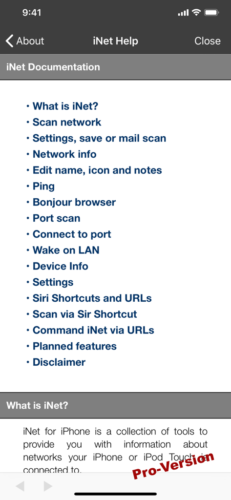 iNet - Network Scanner - Help and documentation screen for the iNet Network Scanner app