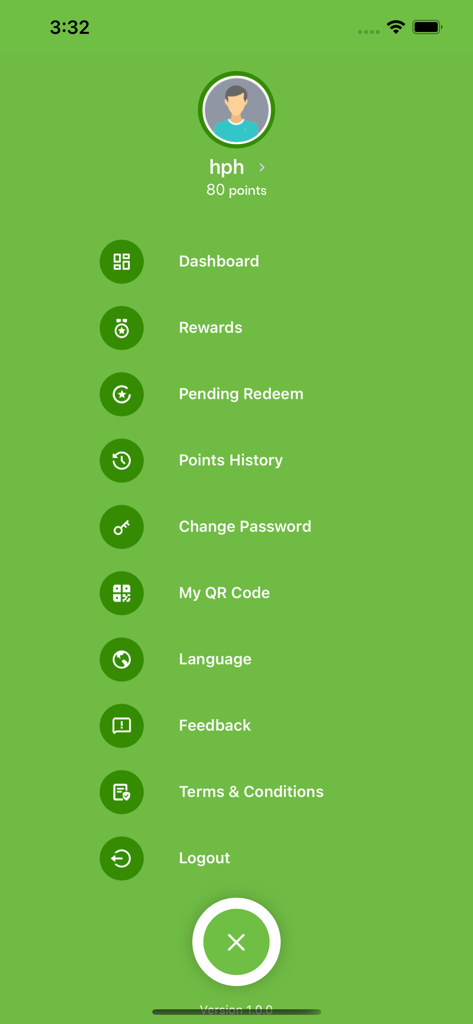 Profile menu of More and More Member app showing user points and navigation options like rewards and points history