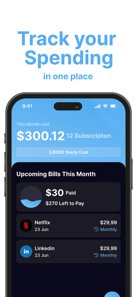 SubPilot: Cancel Subscriptions - SubPilot app interface displaying monthly subscription costs and upcoming bills tracker