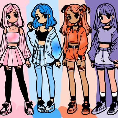 one girl with crop-top shirt and a jacket with a skirt, long socks and another girl with a shirt and pants with a jacket