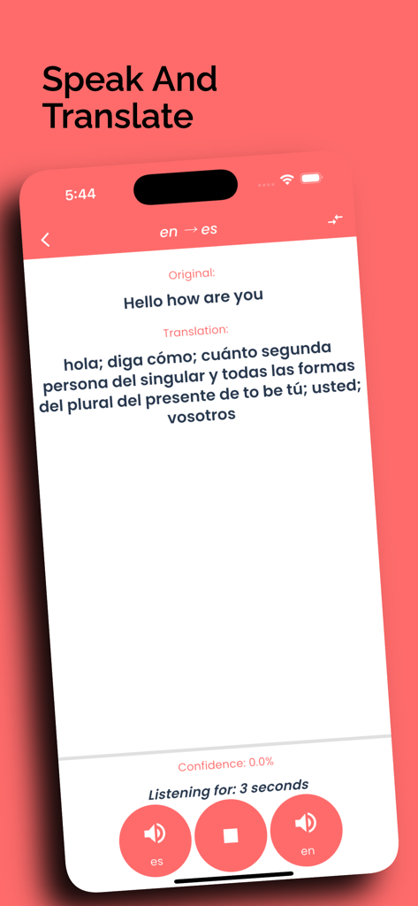 Spanish translator Offline! - English to Spanish voice translation screen showing the Speak and Translate feature