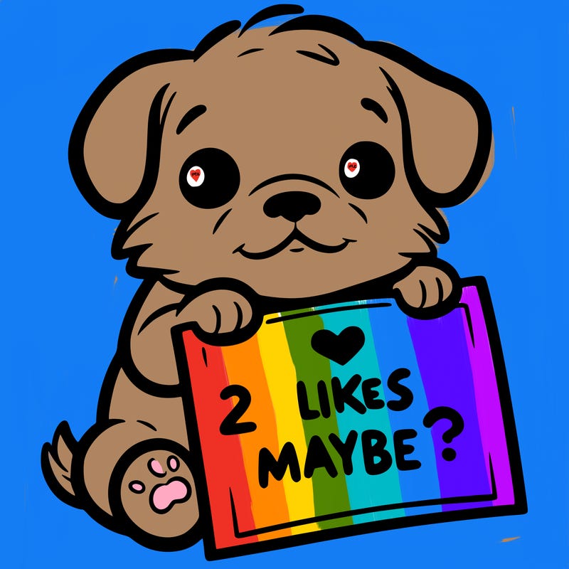 a puppy holding a sign that says 2 likes maybe?
