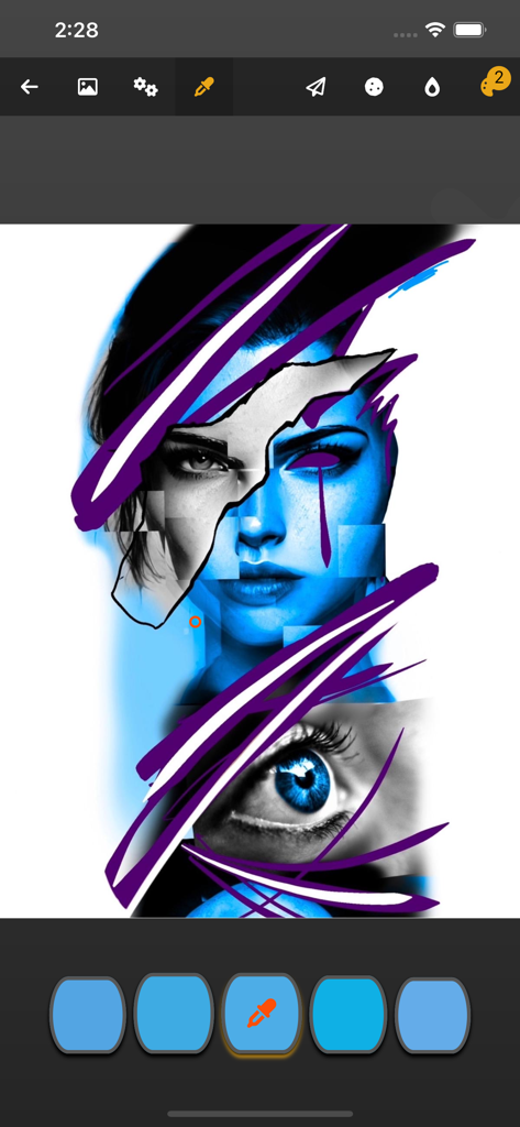 Ink Maps - Digital tattoo design workspace in the Ink Maps app featuring a stylized portrait and color palette selection.