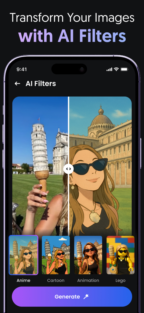 AI Video, Pix Generator・Filter - Interface de l'application mobile affichant les transformations des filtres IA de photos en styles anime et cartoon.