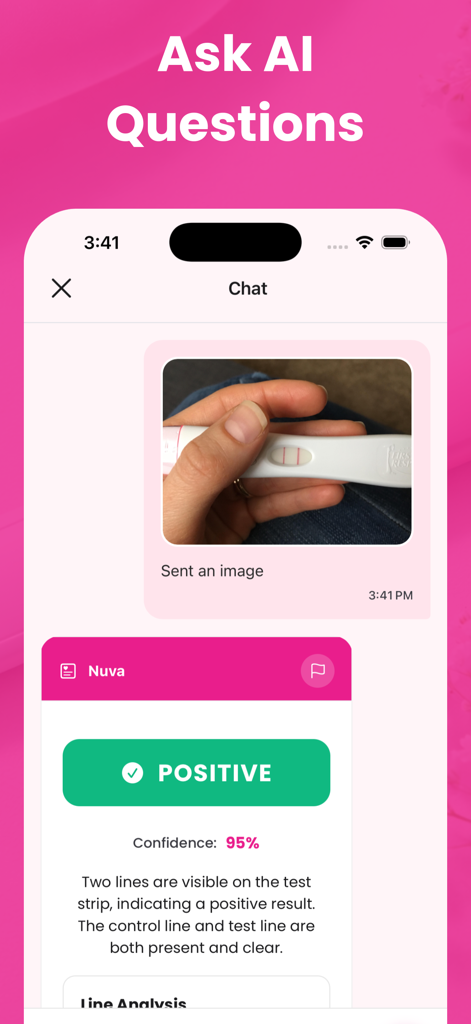 Pregnancy Test Scanner: Nuva - Nuva app AI chat displaying a positive pregnancy test result with confidence score and analysis