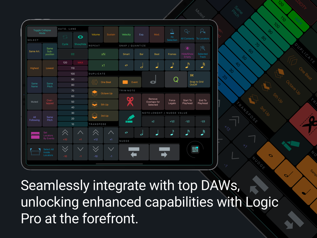 MetaGrid Pro - MetaGrid Pro iPad interface with custom DAW control grid for Logic Pro