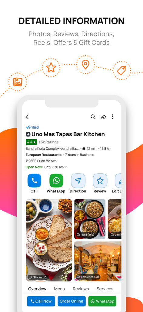 JD - The Best Local Search App - Interfaz de la aplicación Justdial que muestra un perfil detallado de un negocio para un restaurante con reseñas y opciones de contacto