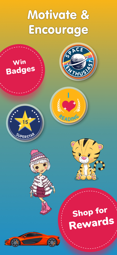 Educational app screen showing achievement badges and character rewards for motivating children to read