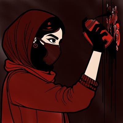 realistic girl with mask spray painting a wall