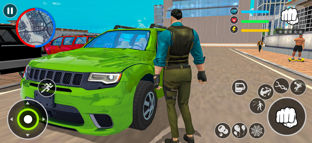 Un personaje de pie junto a un SUV verde en un entorno de ciudad de mundo abierto del juego móvil Crime Town Gully Simulator.