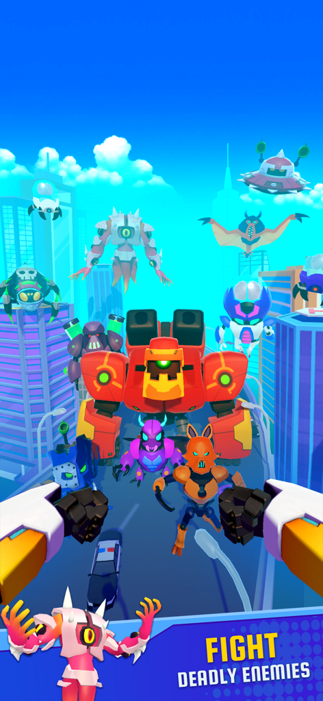 Monster Brawl: Planet Defender - First-person perspective of a robot fighting various monsters and enemy mechs in a city