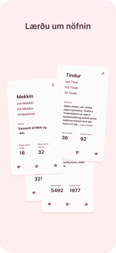 Heita - Íslensk barnanöfn - Detailed information cards for Icelandic baby names showing meanings and statistics in the Heita app.