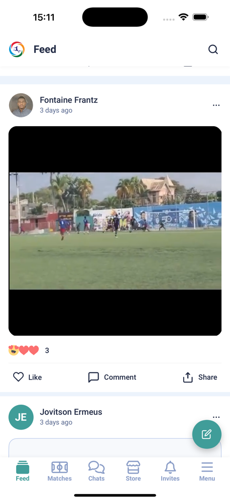 Tapin Sports - Social feed in the Tapin Sports app showing a community post of a soccer match with like and comment options.