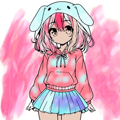 pretty anime girl wearing a fluffy hoodie with bunny ears on the hood and a skirt