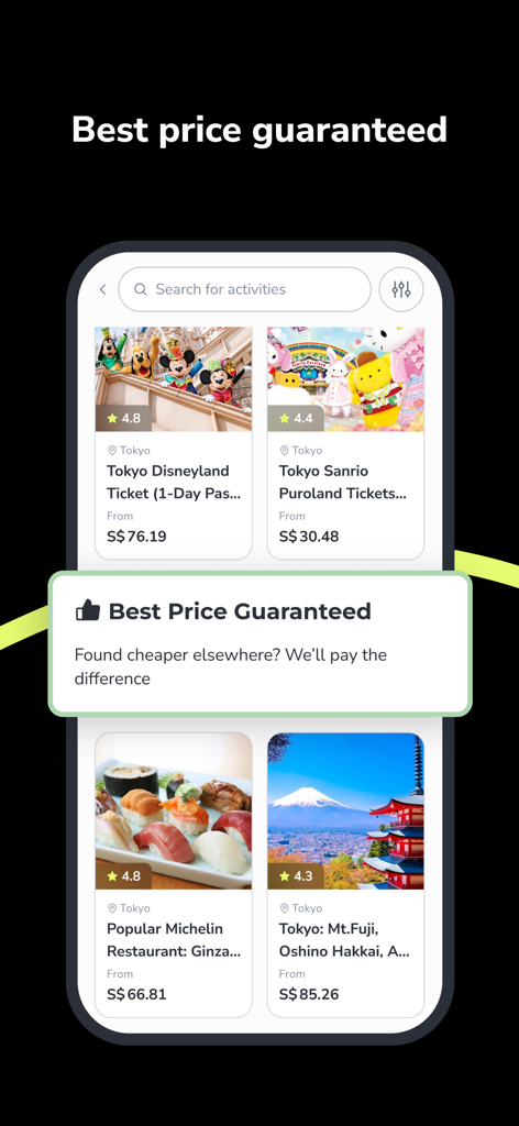 Screenshot of Pelago app activity search results featuring a Best Price Guaranteed policy