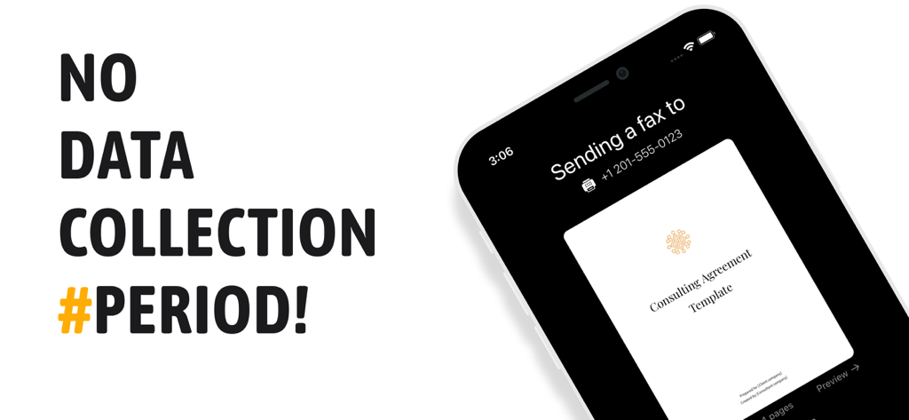 #FAX from iPhone: free sending - Mobile app interface showing a secure fax being sent from an iPhone with no data collection notice