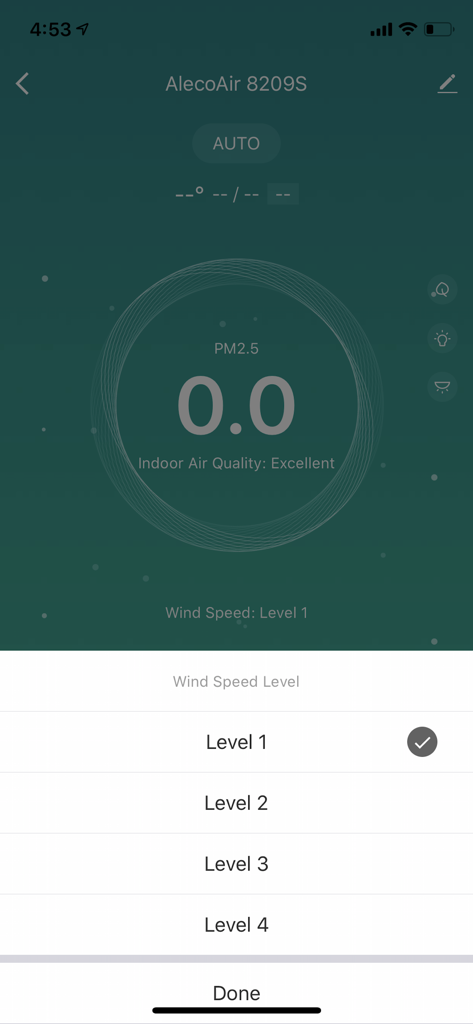 AlecoAir - AlecoAir app interface showing excellent indoor air quality status and a wind speed level selection menu