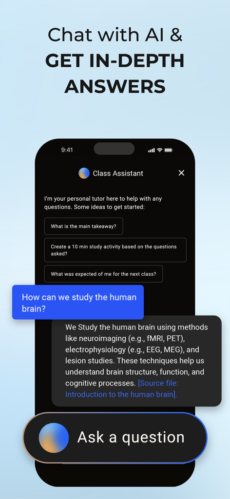 QuickTakes app chat interface showing an AI assistant providing in-depth answers to study questions