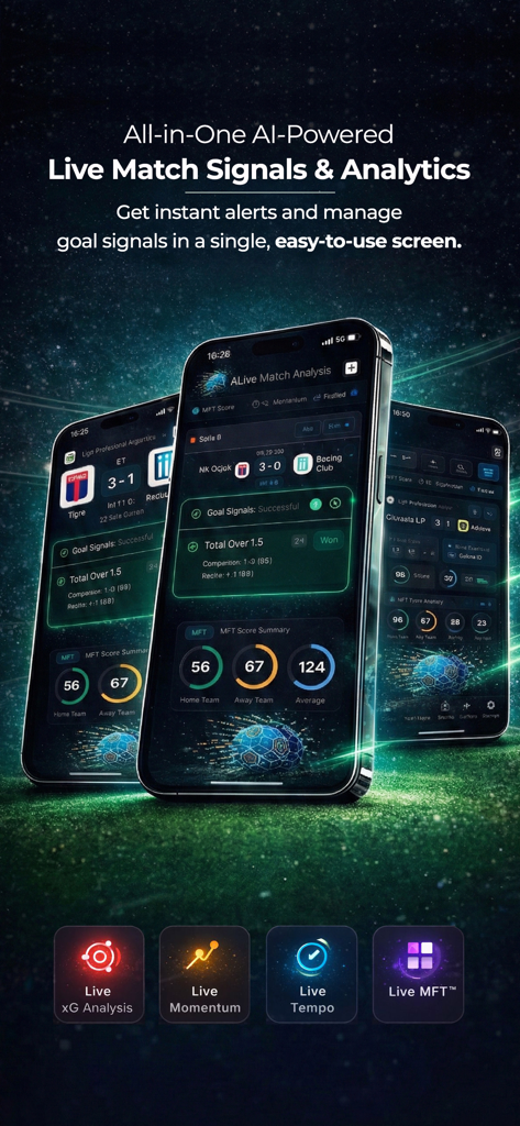 Shutli - Live Match Analysis - Shutli app displaying AI-powered live match signals and football analytics including xG and momentum tracking